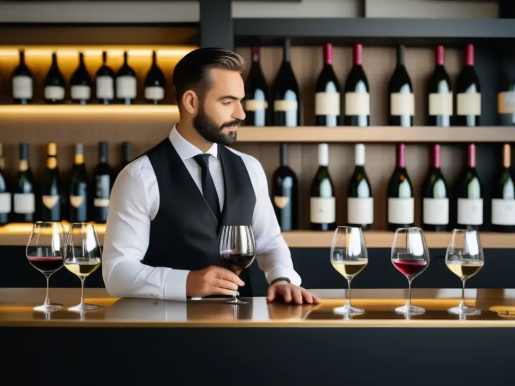 Sommelier detrás de una elegante barra de vinos, con botellas y etiquetas minimalistas