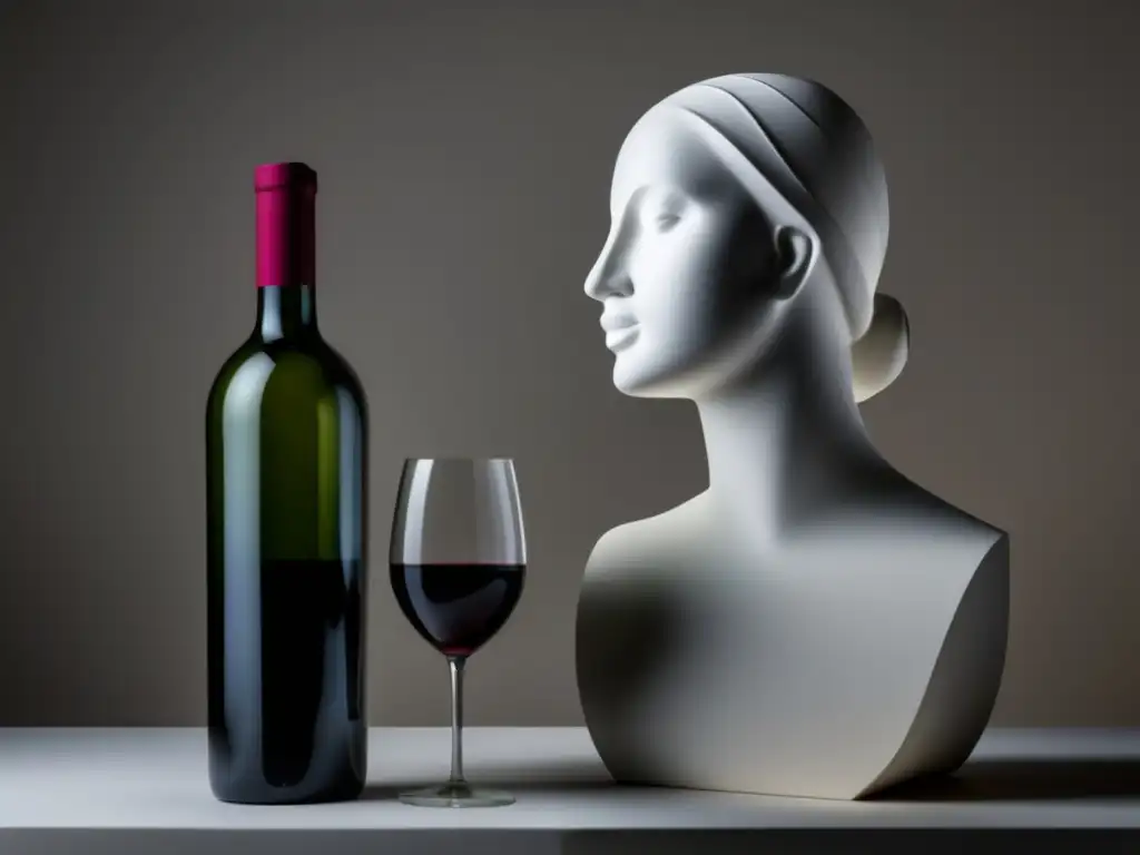 Diálogo entre Escultura y Diseño de Vinos: botella minimalista y busto esculpido en elegante composición