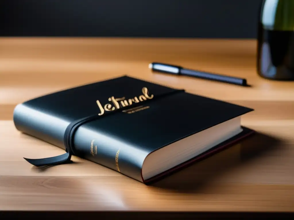 Diario personal de cata de vinos en mesa de madera con cuaderno negro y notas escritas en caligrafía elegante