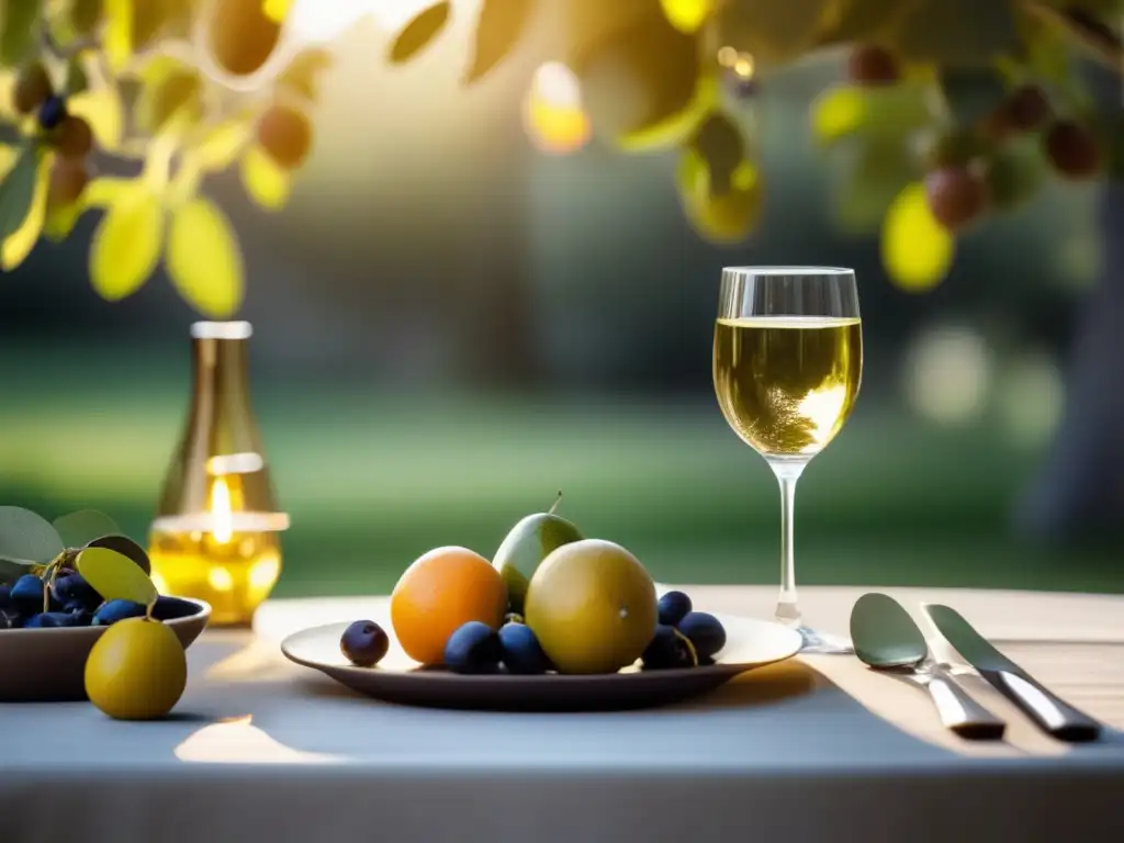 Dieta FODMAP y Vino: Consejos - Escena al aire libre con mesa elegante y vino dorado, frutas vibrantes y olivas