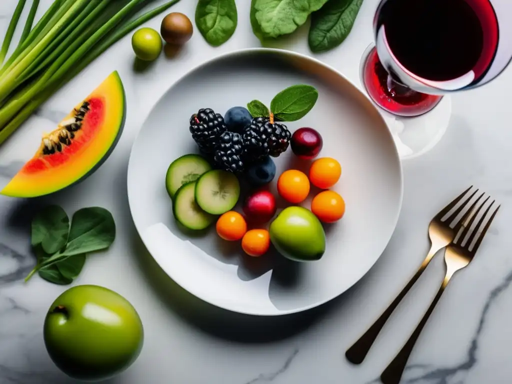 Dieta Detox y Vino: Compatibilidad y Beneficios - Plato blanco con frutas y verduras frescas, vaso de vino tinto elegante, estilo minimalista