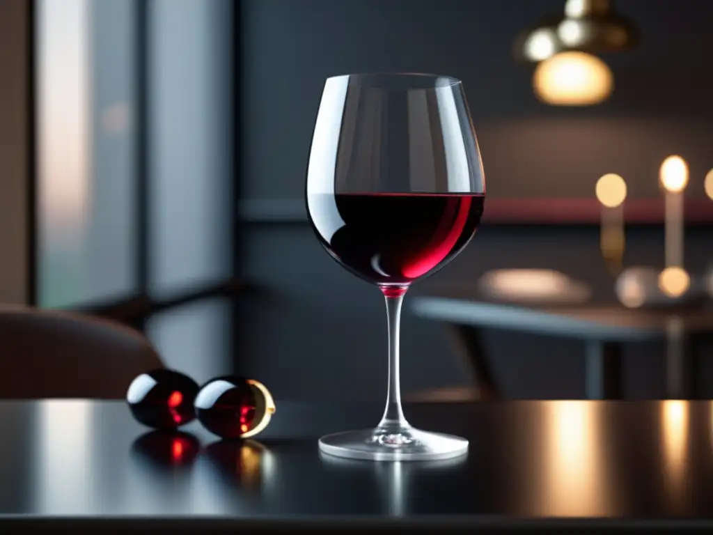 Vino en la Dieta Keto: copa de vino tinto oscuro en elegante mesa minimalista