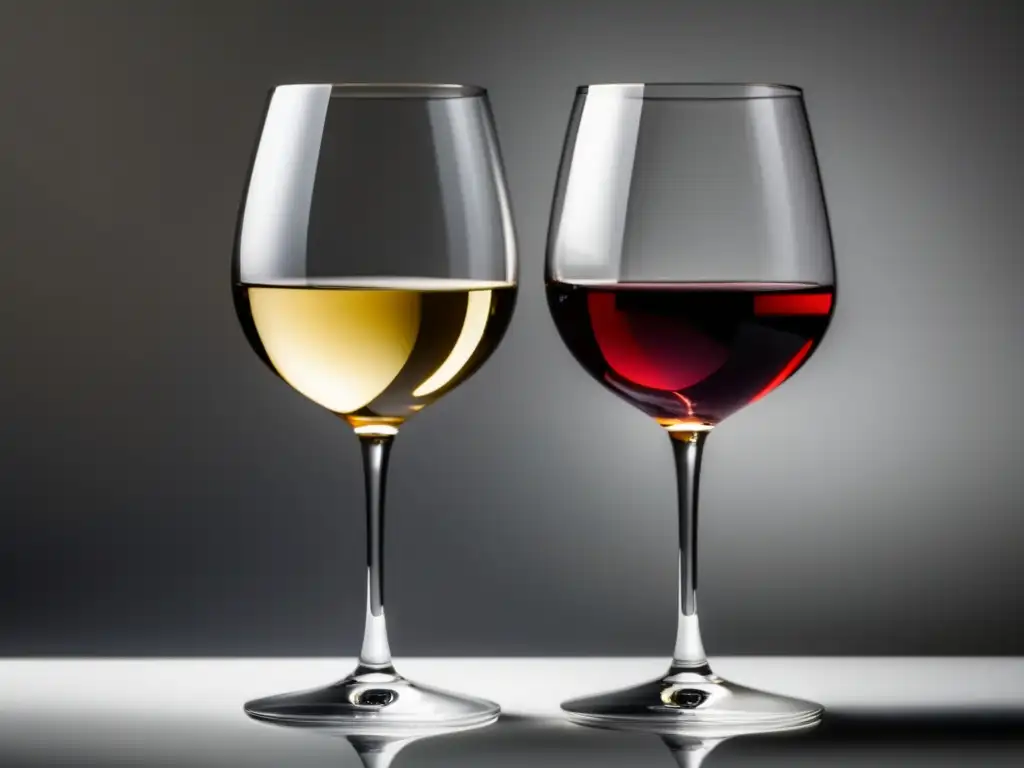 Diferencias beneficiosas vino tinto vs vino blanco: copas de vino elegantes, una con vino tinto y otra con vino blanco, sobre superficie blanca