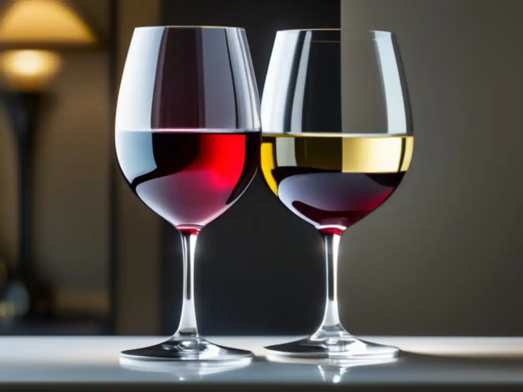 Diferencias beneficiosas vino tinto vs vino blanco: imagen detallada de dos copas de vino, una con vino tinto y otra con vino blanco, resaltando sus características distintivas