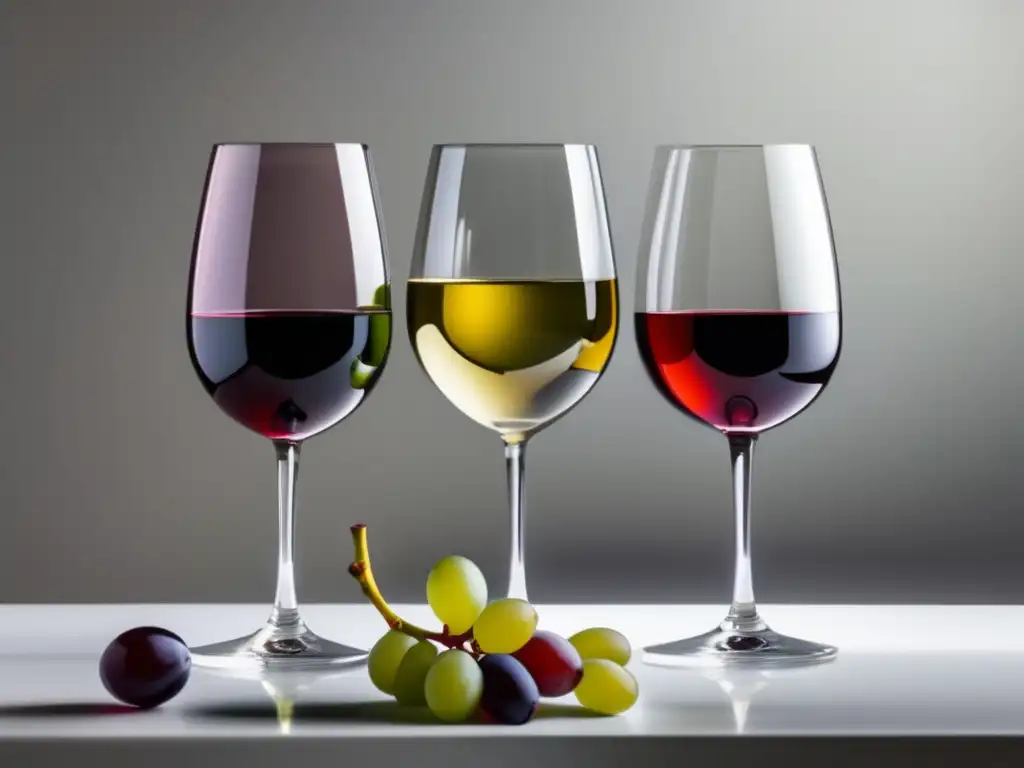 Diferencias beneficiosas vino tinto vs vino blanco: imagen que muestra dos copas de vino, una con vino tinto y otra con vino blanco, rodeadas de uvas y cítricos en una mesa minimalista de fondo blanco