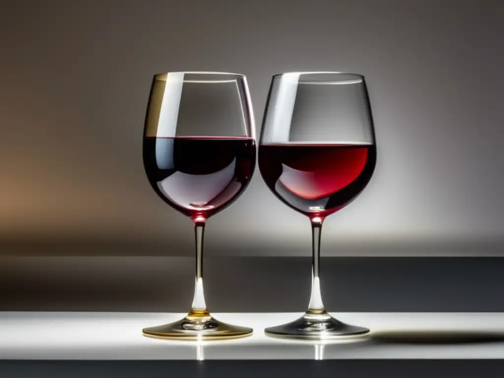 Diferencias beneficiosas vino tinto vs vino blanco: copa de vino tinto y blanco en superficie blanca brillante