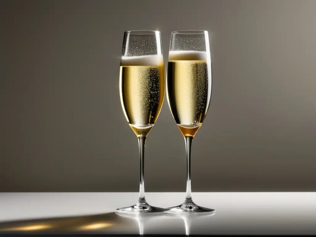 Diferencias entre Cava y Champagne: elegantes copas de champagne y cava, con burbujas y colores distintivos, en una superficie blanca minimalista