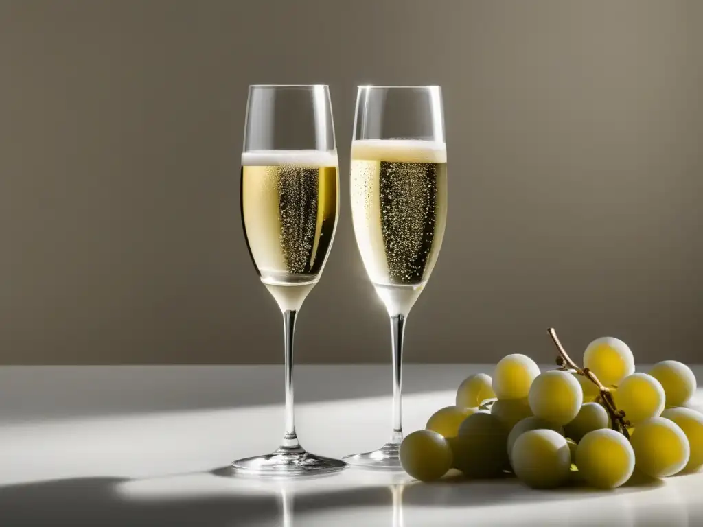 Diferencias entre Cava y Champagne: elegantes copas con burbujas doradas y pálidas, reflejando la esencia de ambos vinos espumosos