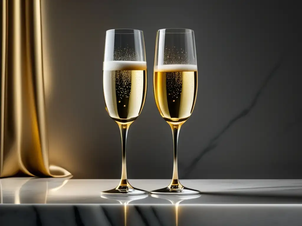 Diferencias entre Cava y Champagne: Imagen de dos elegantes copas de champán, una con Cava dorado y la otra con Champagne pálido y burbujeante, sobre una superficie de mármol blanco