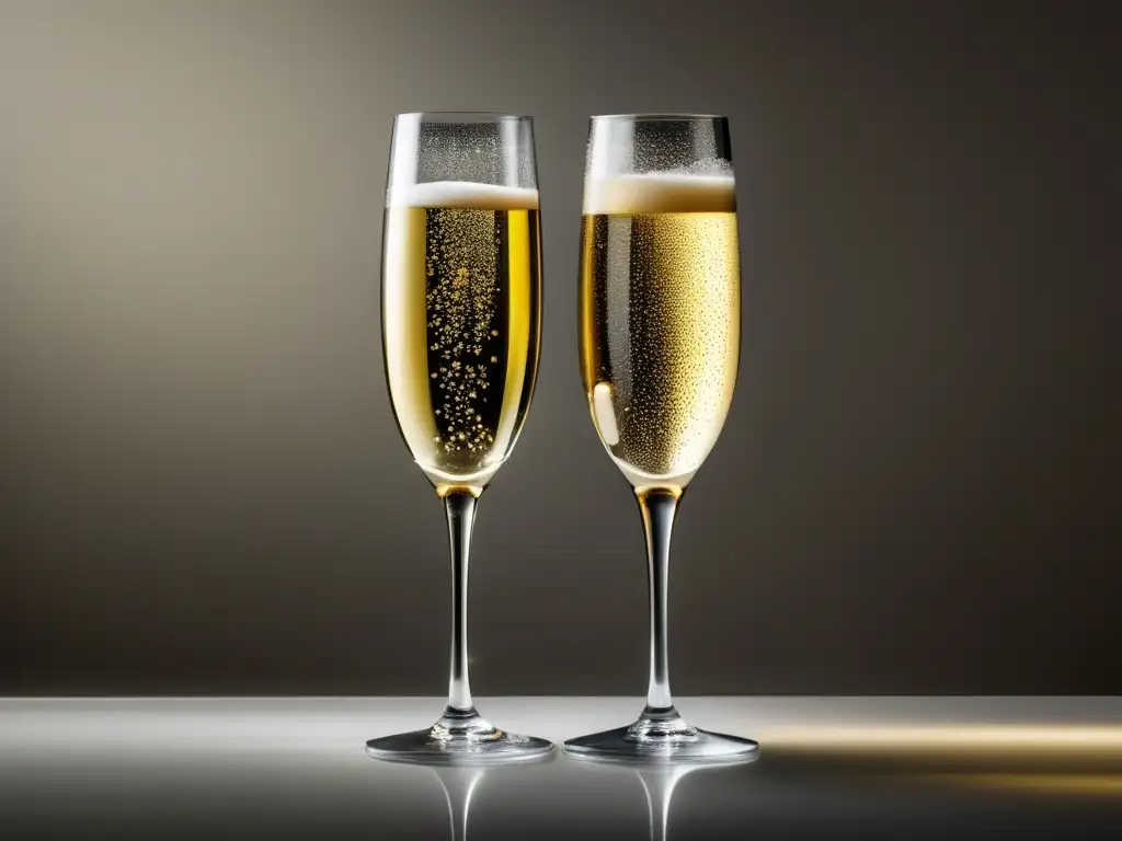 Diferencias Cava y Champagne: Flutes elegantes con burbujas doradas y claras, en superficie blanca