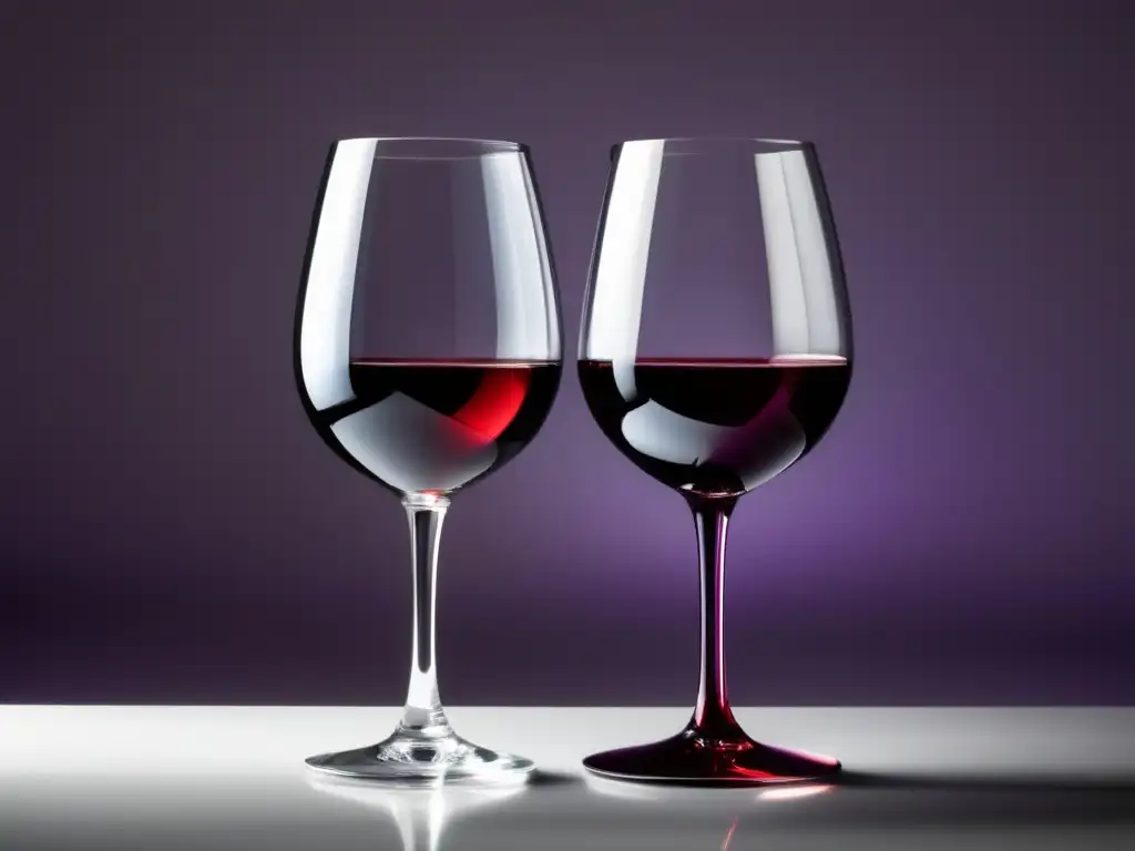 Diferencias Tannat y Malbec: copa vino Tannat intenso y Malbec violeta, minimalista y sofisticado