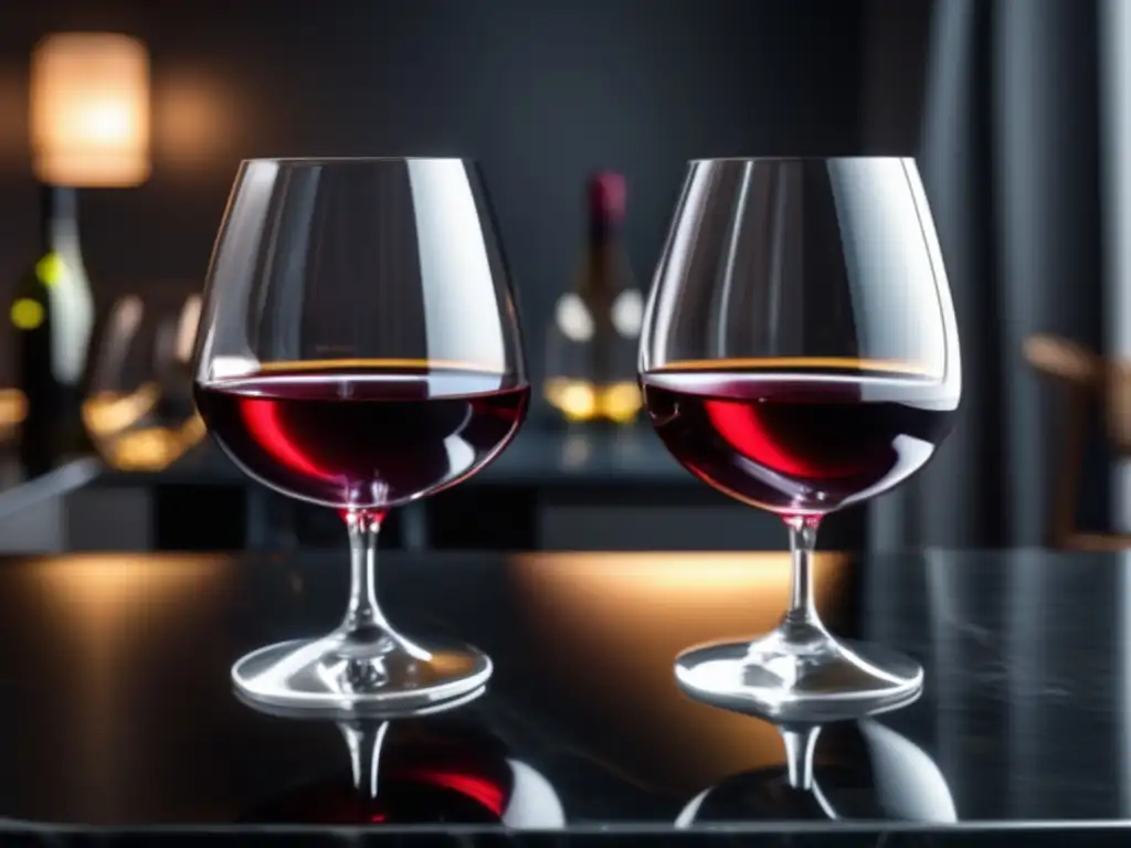 Diferencias entre vinos naturales y orgánicos: copas de vino llenas de tinto en encimera de mármol negro