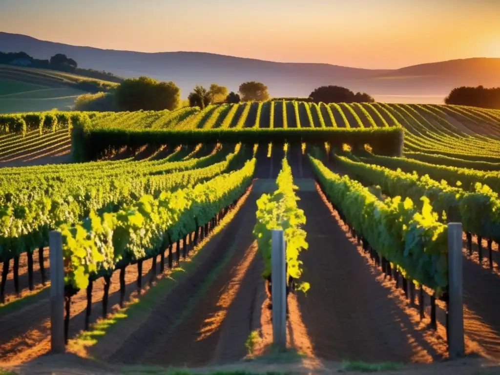 Diferencias vinos orgánicos y biodinámicos: viñedo sereno al atardecer, con filas ordenadas de uvas cultivadas de forma sostenible