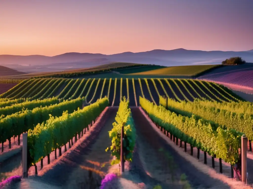 Diferencias vinos orgánicos convencionales: Paisaje minimalista de viñedo al atardecer, con filas ordenadas de vides, cielo cálido y estilo elegante