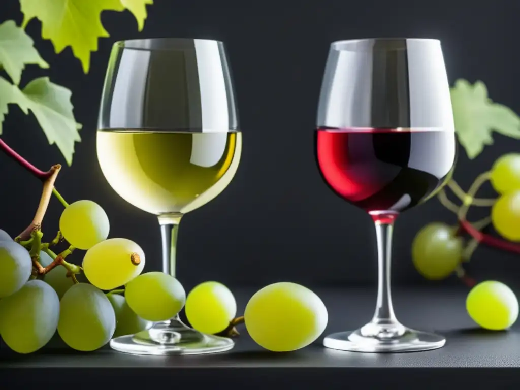 Diferencias vinos orgánicos convencionales: copa de vino tinto orgánico y copa de vino amarillo convencional, sobre superficie negra, iluminadas desde arriba, rodeadas de viñas verdes y estructuras grises