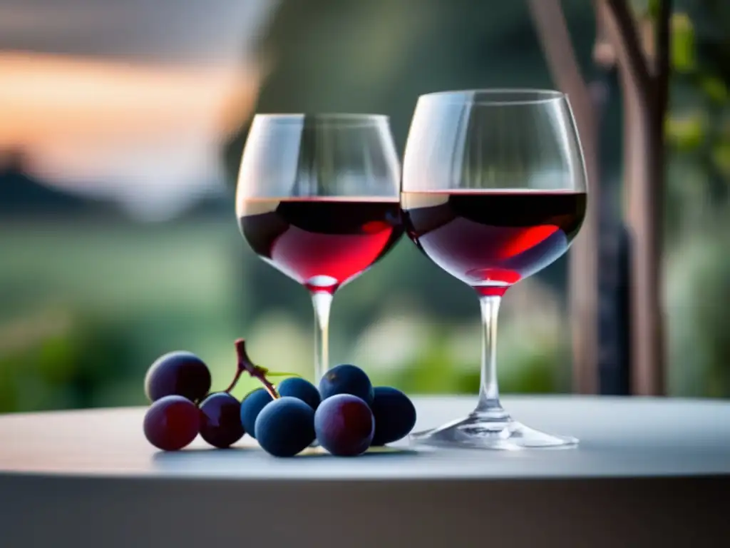 Diferencias entre vinos orgánicos y biodinámicos, copas llenas de vino rojo orgánico y biodinámico en mesa minimalista