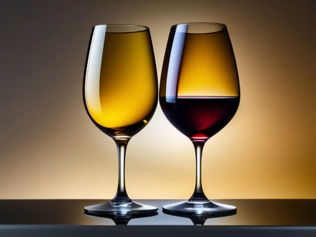 Diferencias entre vinos orgánicos y biodinámicos: copa de vino rojo y amarillo en superficie limpia, iluminada suavemente