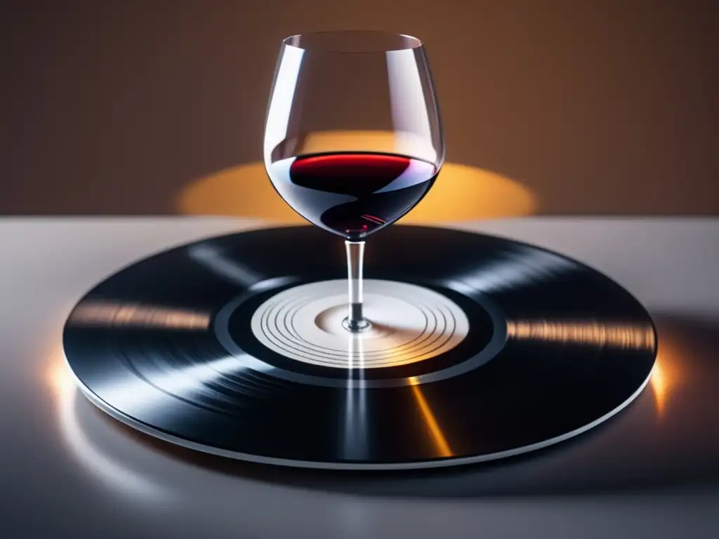 Disco vinilo negro girando en tocadiscos minimalista, diseño elegante de copa de vino y notas musicales