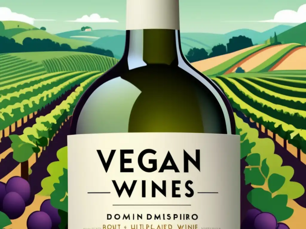 Diseño minimalista de etiqueta de vino vegano con paisaje de viñedo detallado (Desafíos producción vinos veganos)