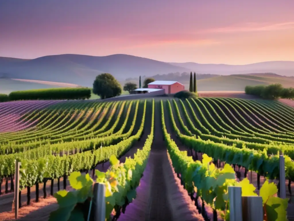 Documentales sobre vinos: Historias tras la copa - Paisaje sereno de viñedos al atardecer, con filas de uvas verdes y cielo pintado en tonos suaves