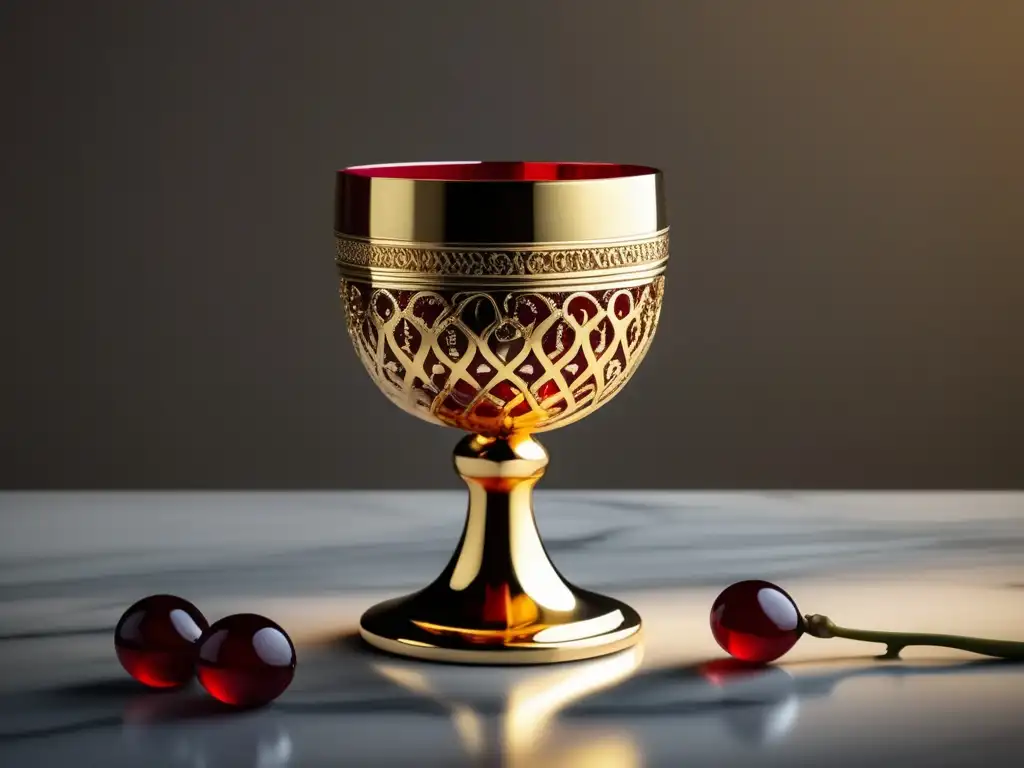 Goblet dorado con motivos de vid y líquido rojo, evoca mitología griega y referencias vinícolas