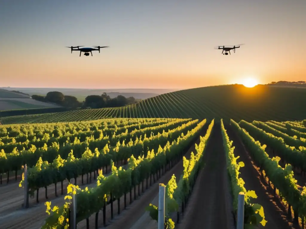 Drones monitoreo madurez uvas en viñedo al atardecer