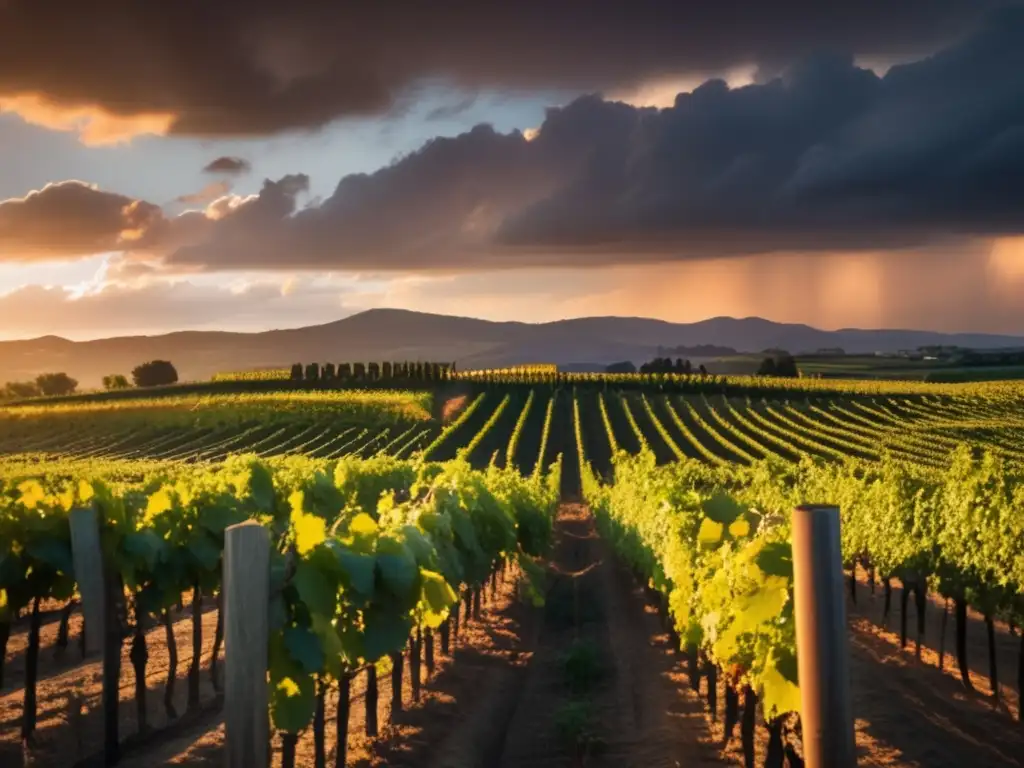 Efectos cambio climático fauna viñedos en imagen de viñedo al atardecer, con nubes amenazadoras y viñas estresadas