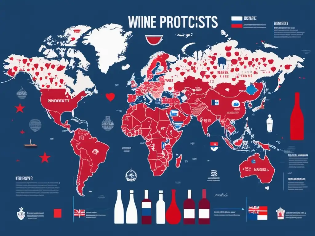 Efectos políticas proteccionistas vinos, mapa minimalista con países resaltados en rojo y azul, símbolos de botellas y viñedos