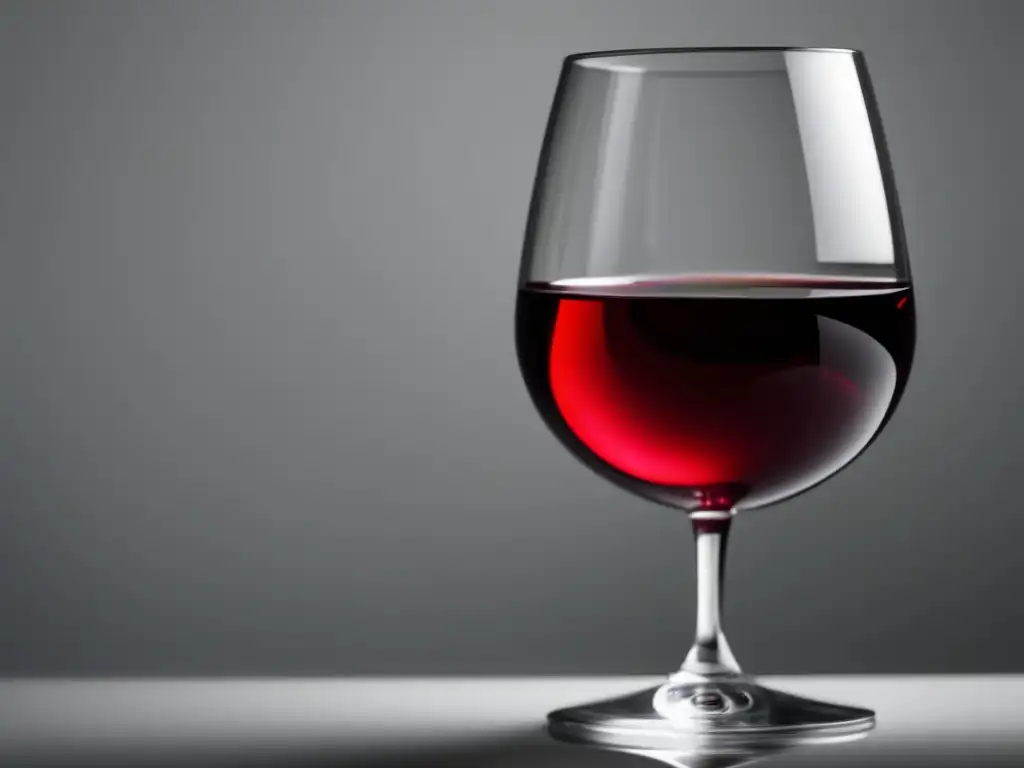 Efectos del vino en los dientes: Imagen minimalista de una copa de vino con reflejo sutil en una superficie blanca, resaltando su color rojo intenso