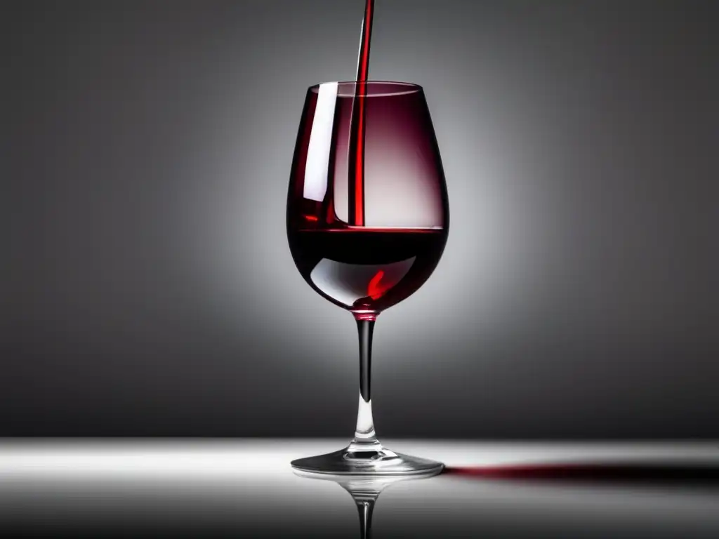 Efectos del vino en la presión arterial: copa de vino elegante y minimalista, con vino tinto profundo y tonos de rubí y granate