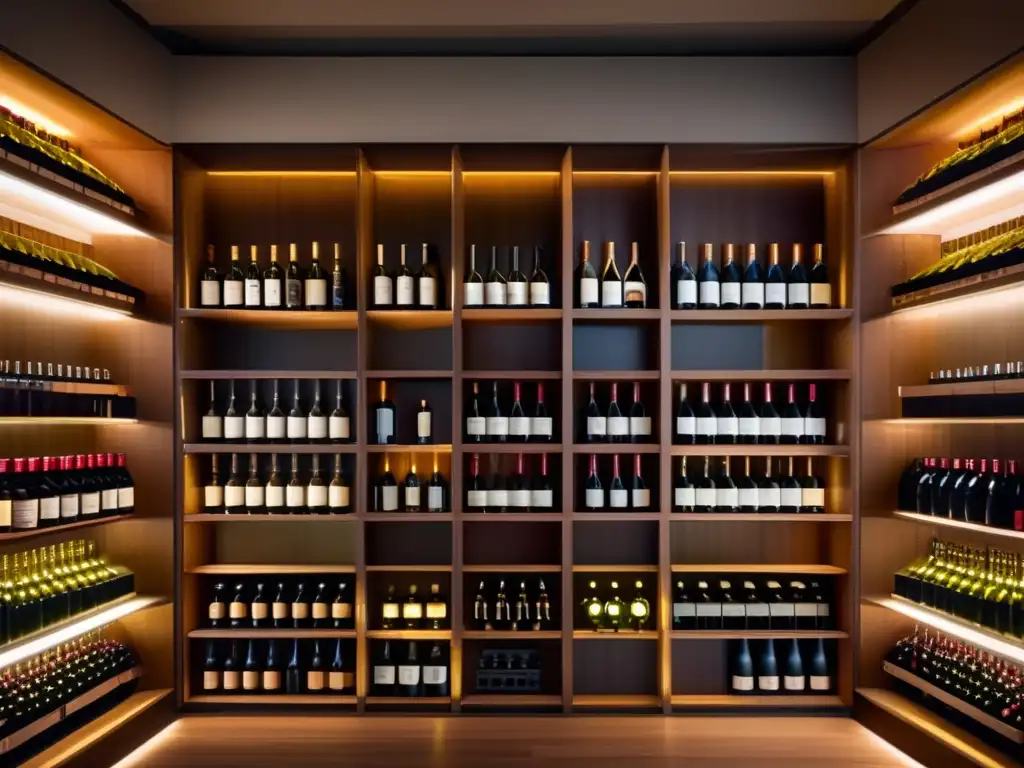 Elecciones de vino para restaurantes Michelin: bodega minimalista con botellas organizadas por región y señales de madera, iluminación cálida