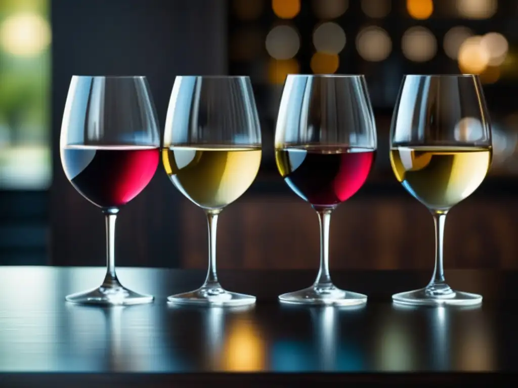 Elecciones de vino para restaurantes Michelin - Mesa minimalista con copas de vino perfectamente dispuestas, reflejando la luz ambiental