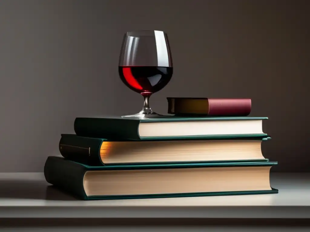 Elegancia y conexión: Vino tinto en copa sobre libros clásicos (Historias de viñedos en 'El amor en los tiempos del cólera')