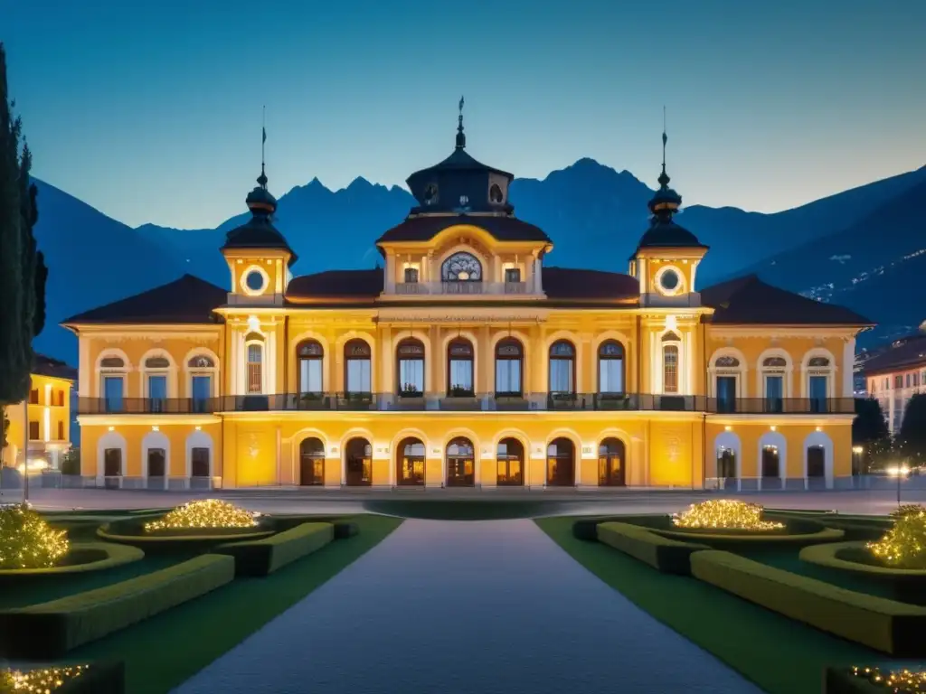 Elegancia del Festival de Vinos Merano en Italia: Kurhaus iluminado en la noche