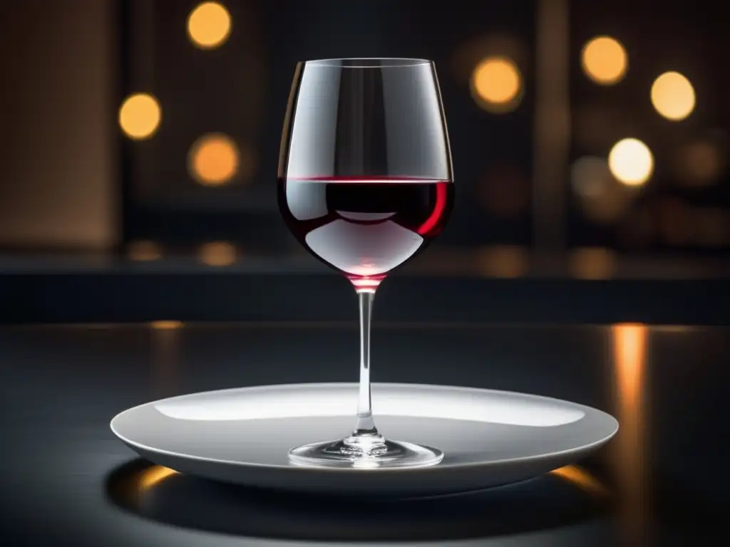 Exquisito vino en copa elegante Elegancia vinos alta cocina: plato blanco, copa de vino tinto y luz suave