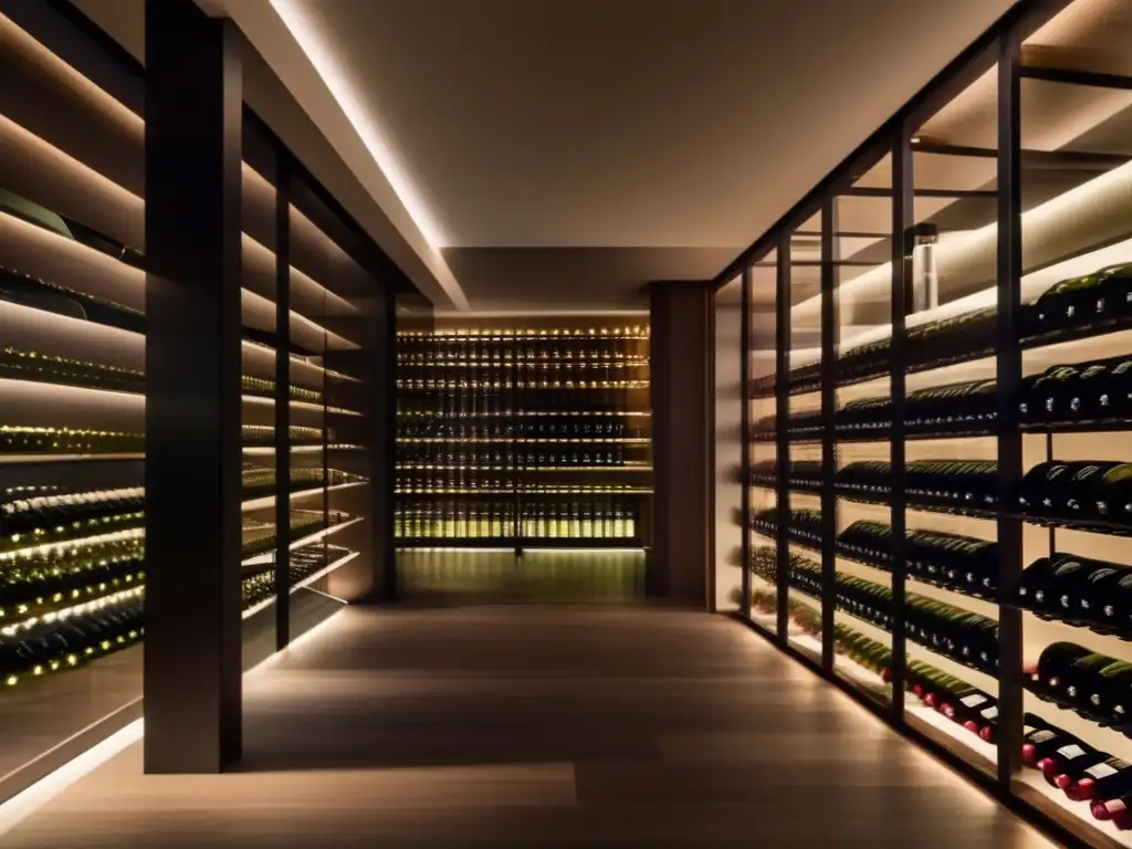 Una elegante bodega de vinos minimalista con paredes de vidrio de piso a techo