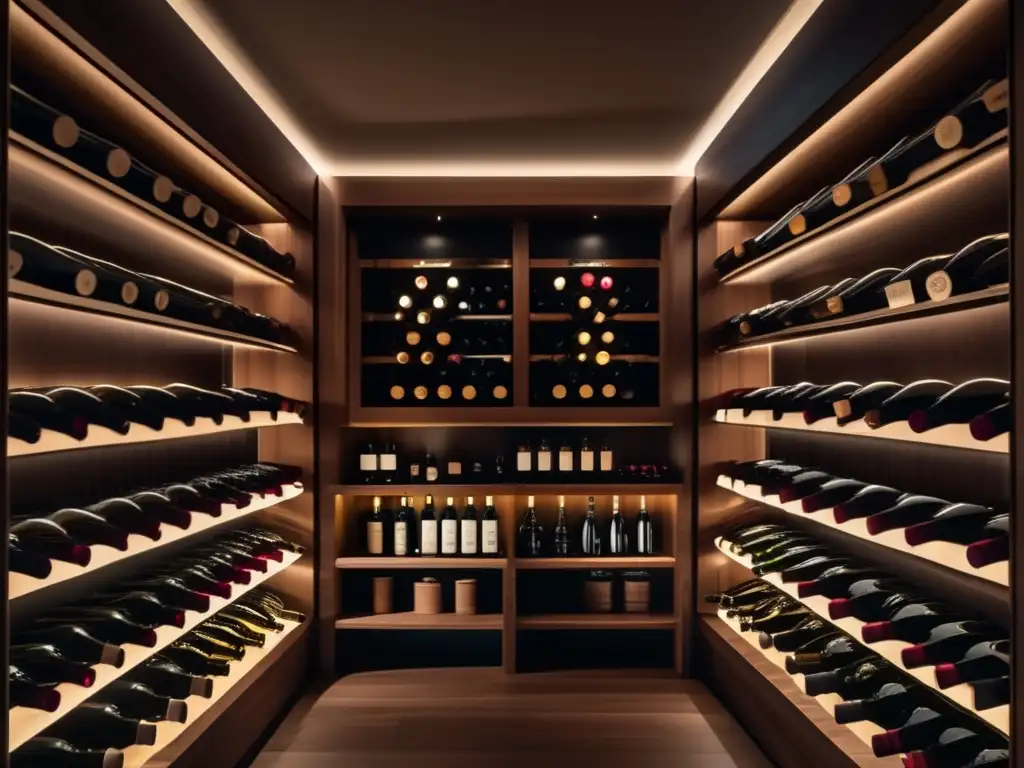 Elegante bodega de vinos 8k, minimalista y sofisticada, con estanterías de madera oscura y etiquetas de diseño