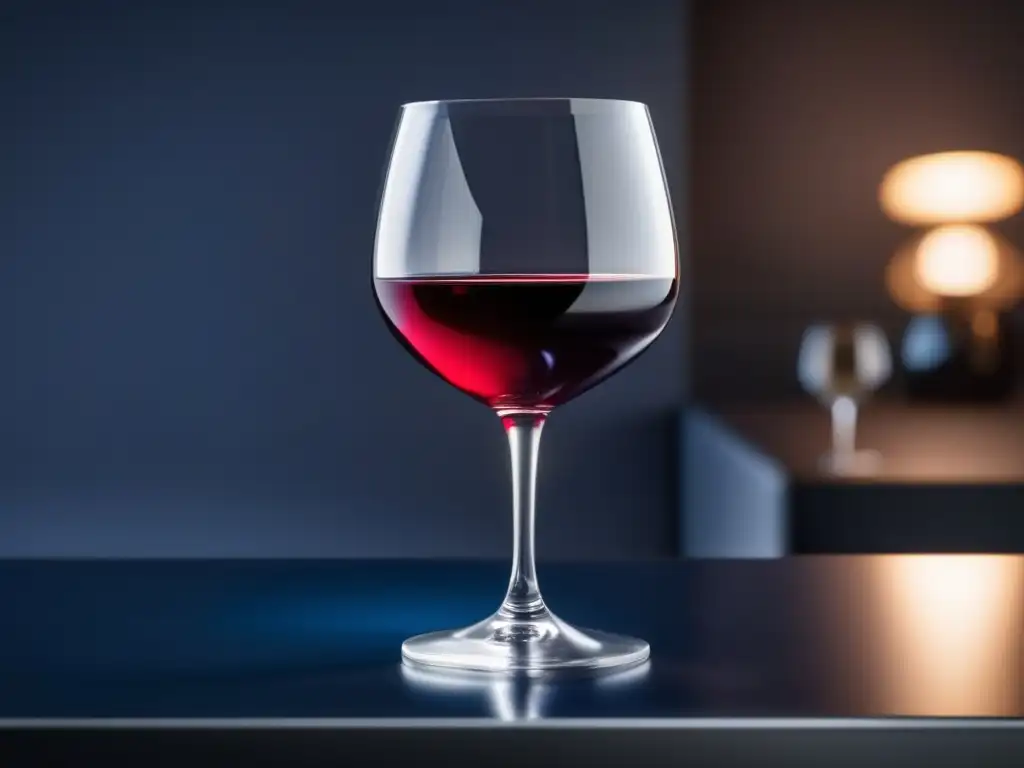 Una elegante copa de vino rojo en una mesa negra, con reflejos sutiles