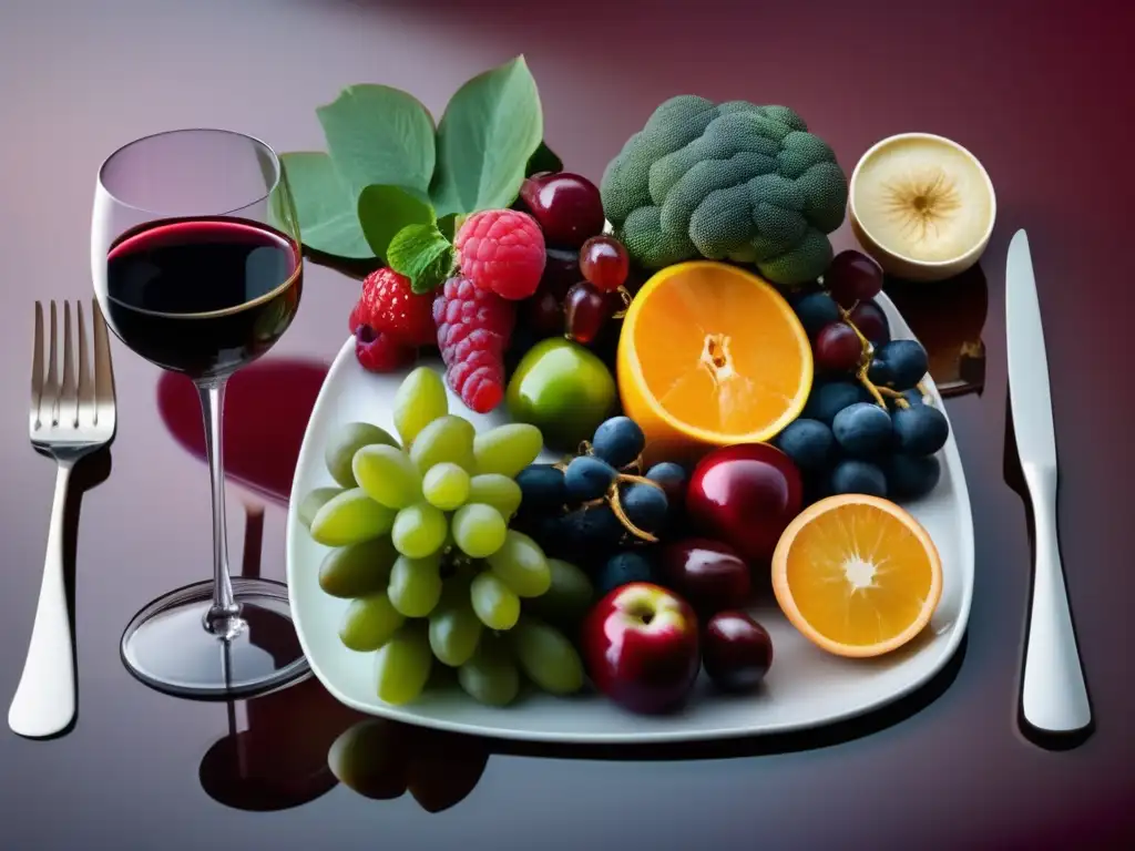 Platter elegante de frutas, verduras, snacks gourmet y vino sin alcohol - Beneficios del vino sin alcohol en la dieta