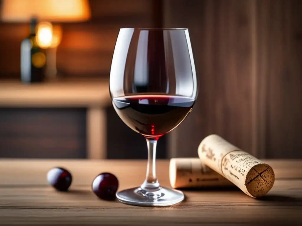 Elegante imagen de una copa de vino sobre una mesa de madera con iluminación cálida y difusa, resaltando el color profundo del vino tinto