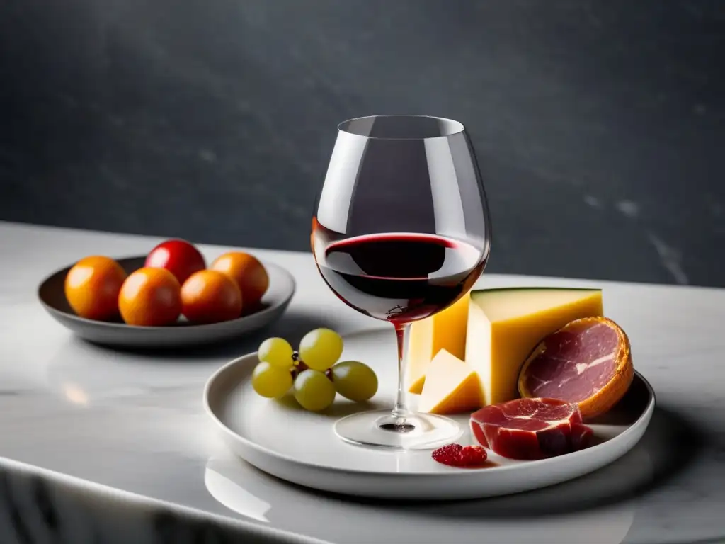 Una elegante imagen de un vino tinto y una selección de alimentos tradicionales, maridajes y la historia de los vinos