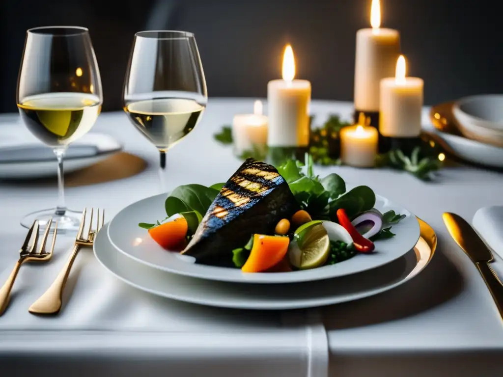 Elegante mesa de cena con vajilla blanca y cubiertos, y platos de ensalada, ceviche y verduras a la parrilla