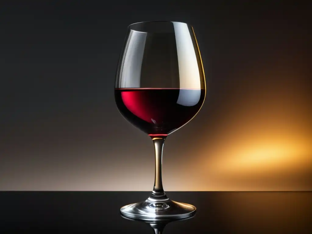 Copa de vino tinto elegante, con reflejos dorados, sobre mesa negra