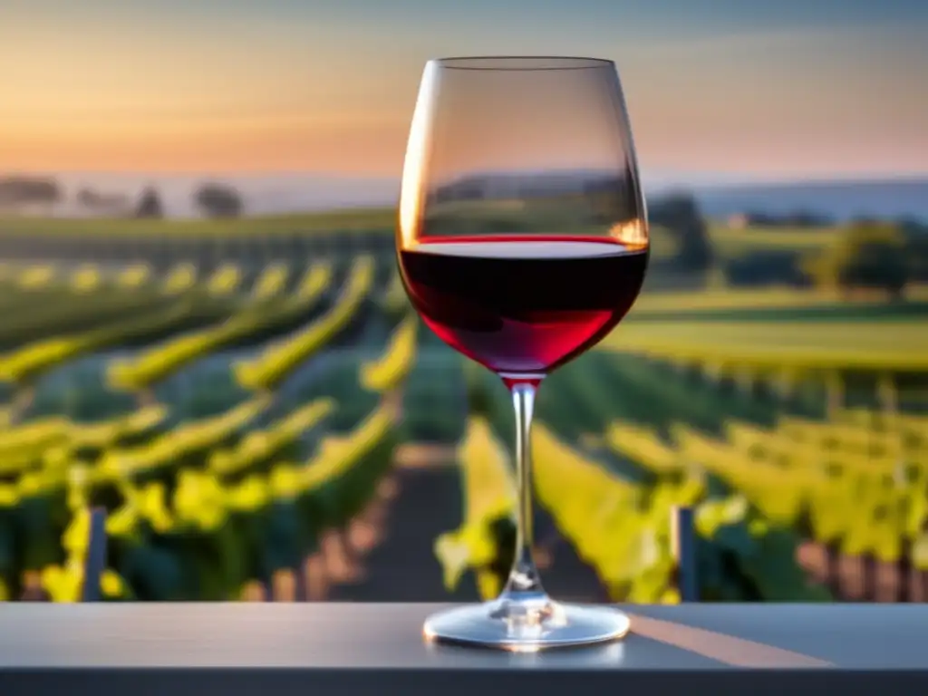 Filosofía vitivinícola contemporánea: Vino tinto elegante y sereno en viñedo al atardecer