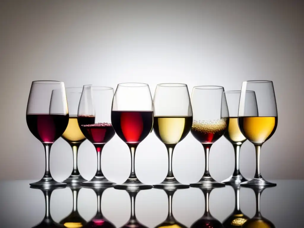 Vino para la digestión: copa elegante con variedad de vinos resaltando sus colores, texturas y beneficios