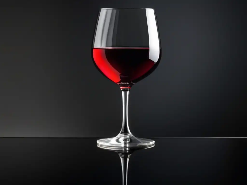 Un elegante vaso de vino translúcido destaca sobre una superficie negra, reflejando una habitación tenue