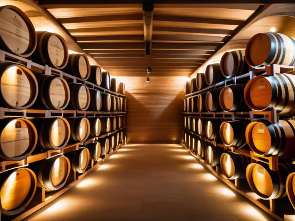 Barrels elegantes en bodega con ambiente tranquilo y sofisticado - Procesos clave de fermentación y crianza del vino