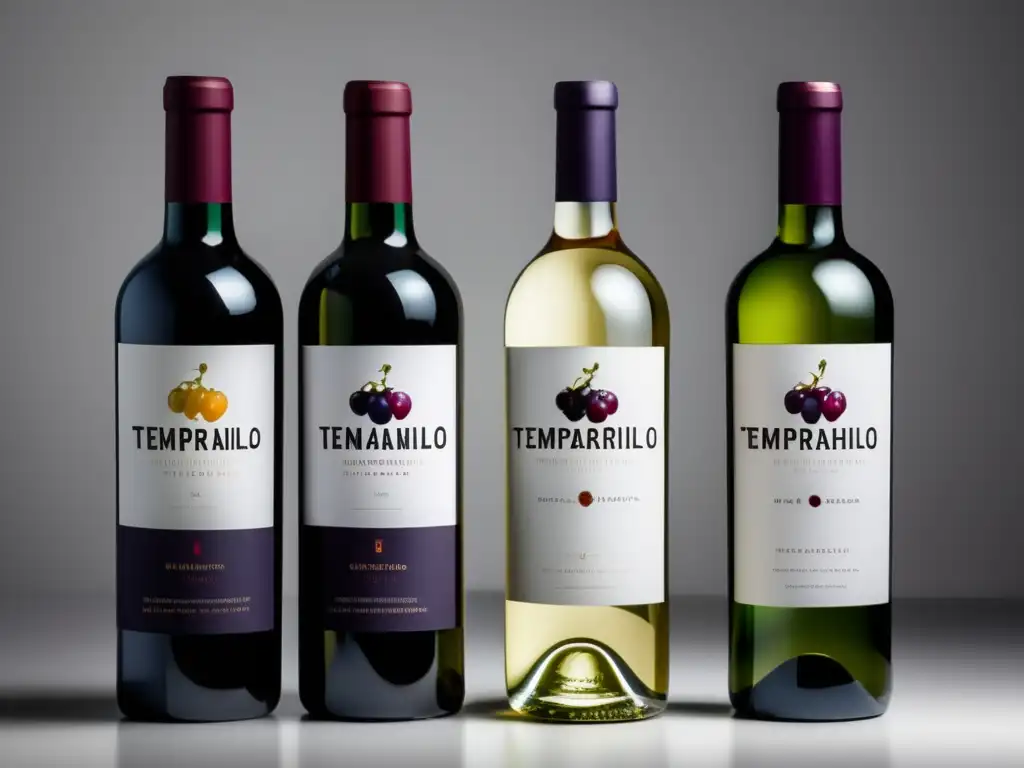 Tres elegantes botellas de vino representando las variedades de uva: Tempranillo, Garnacha y Monastrell