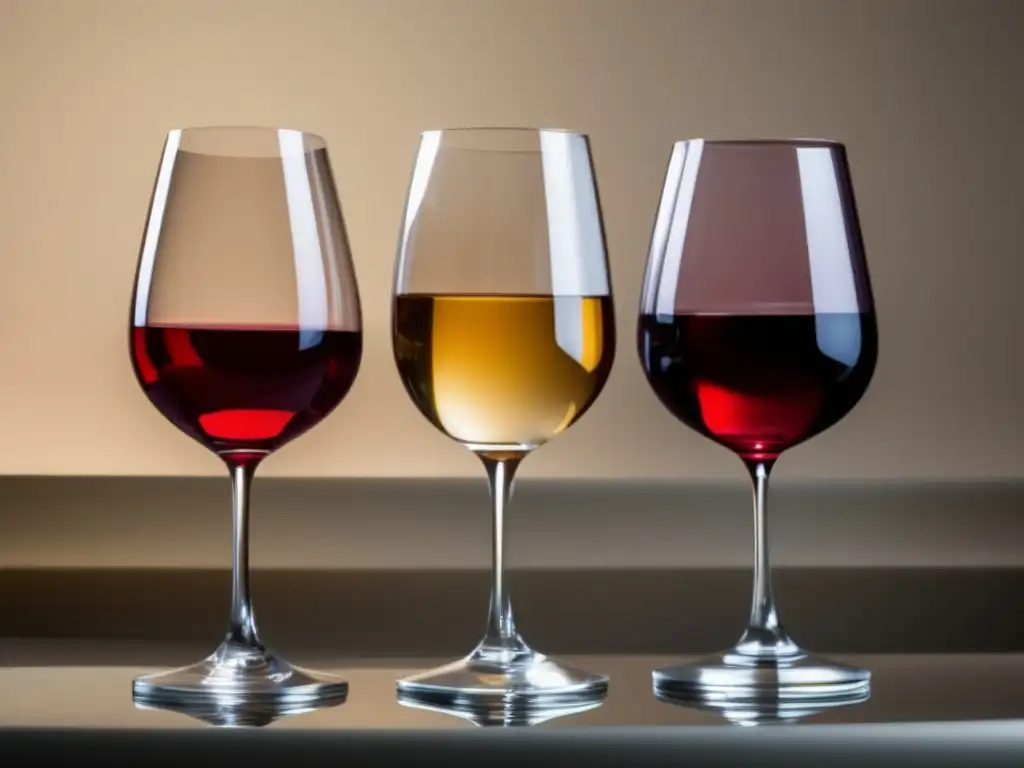 Tres elegantes copas de vino sin alcohol: tinto, blanco y rosado