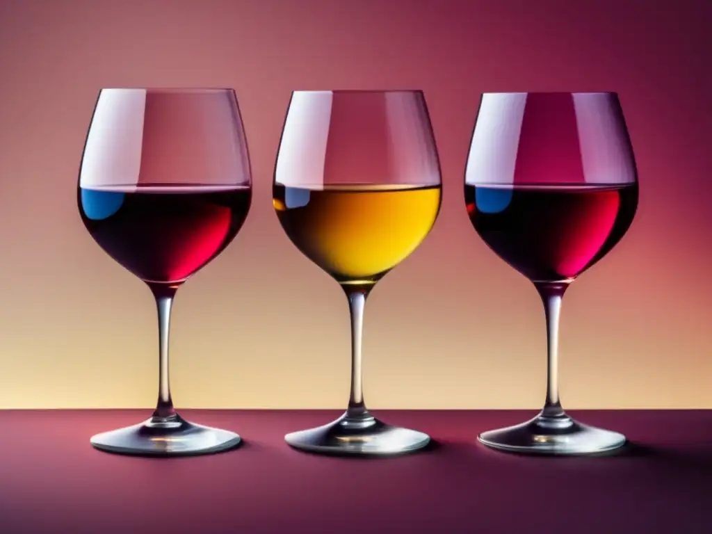 Tres elegantes copas de vino sin alcohol: tinto, blanco y rosado